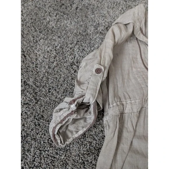 Prototype Tan Pinstripe Cotton Tunic Dress Roll Tab Sleeve Y2K Boho Medium - Picture 3 of 4